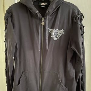 Harley Davidson sweat shirt.